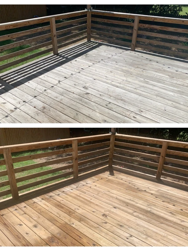 Wood deck before and after pressure washing
